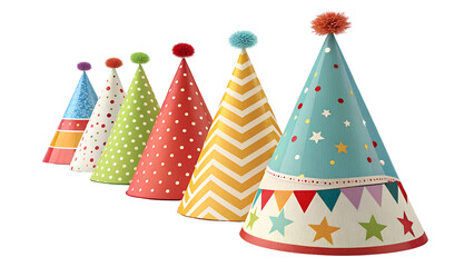 Multicolored party hats on transparent isolated backgrounds. Different coloured party hats party hats. Cone-shaped cardboard hats. Birthday party 