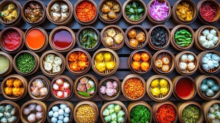 Fototapeta premium A Colorful Array Of Steamed Dim Sum Dishes