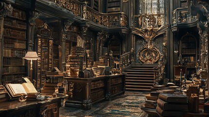 Elegant Vintage Library Interior with Rich Wood and Golden Accents