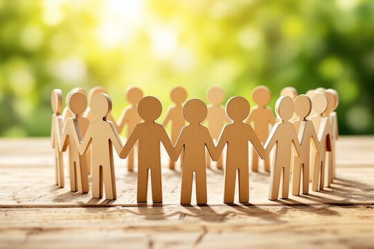 Wooden figures of people holding hands in a circle on a wooden surface with a bright green blurred background.