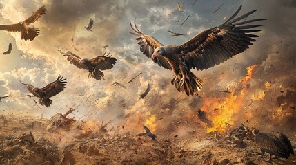Majestic Birds of Prey Soaring Over Fiery Landscapes in Action