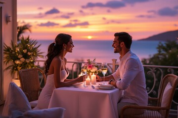 Romantic dinner scene with a couple enjoying candlelight on a balcony at sunset.