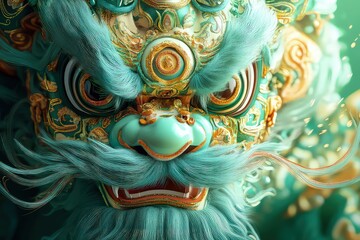 A green screen illustration of a lion dance, with vibrant and ornate details on the lion costume, perfect for festive performances.