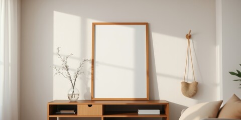 A Minimalist Living Room Featuring a Blank Canvas for Art, a Simple Wooden Shelf, and a Delicate Branch of White Flowers in a Glass Vase