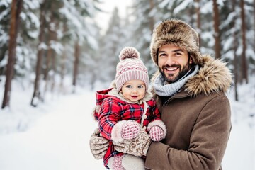 Obraz premium Father and baby enjoying snowy forest in warm winter clothing, smiling warmly.
