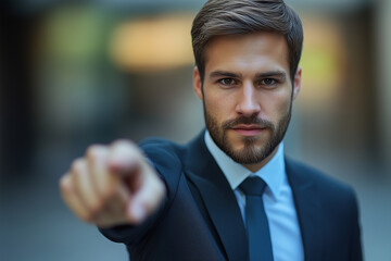 Businessman pointing confidently with a focused expression in a professional suit
