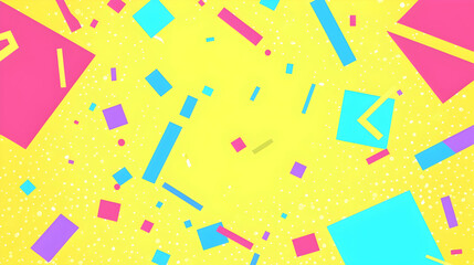 Colorful geometric shapes falling on yellow background; celebratory design for digital media