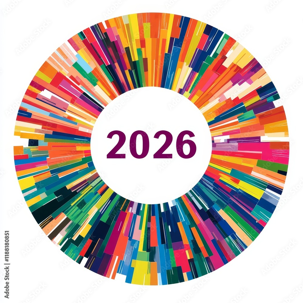 Poster colorful abstract circular design with vibrant patterns and bold 2026 text at the center