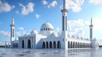 Fototapeta premium A magnificent white mosque with multiple domes and minarets