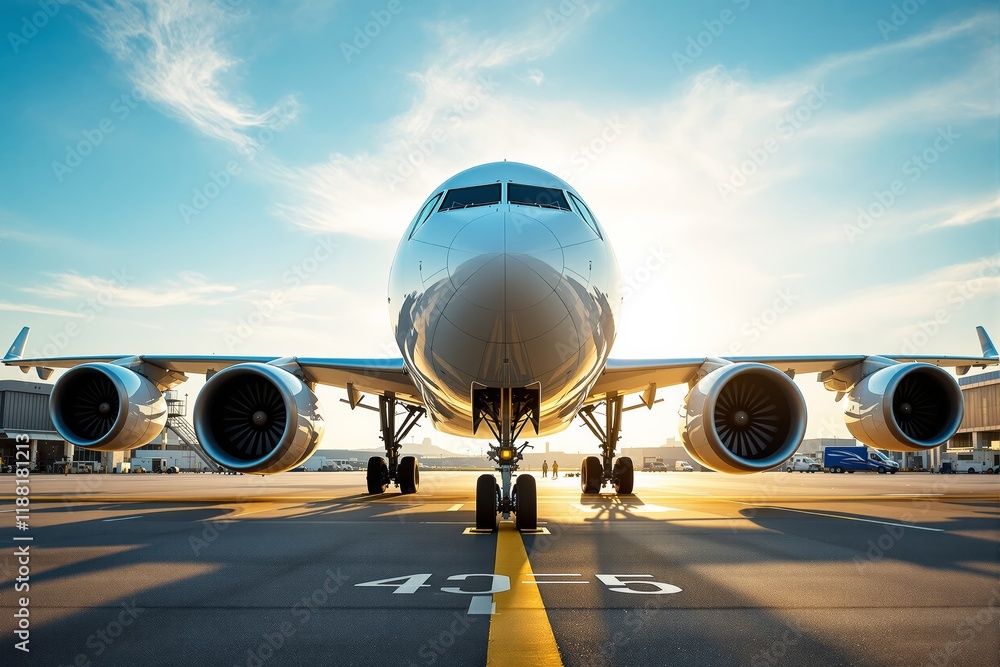 Poster front view of a modern airplane on the runway during sunset with a bright sky in the background.