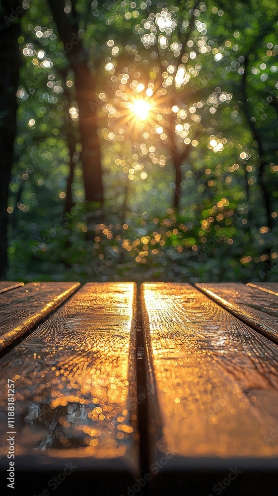 Poster golden sunlight streams through a forest canopy, creating a bokeh effect and illuminating a wooden t