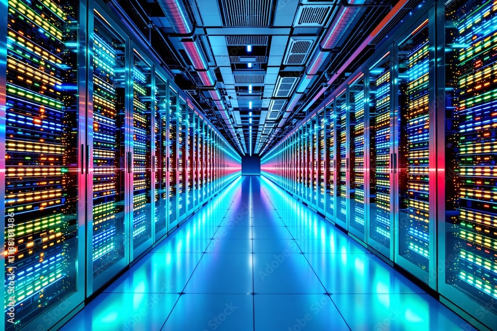 Aufkleber Brightly lit data center with rows of illuminated servers on a glowing floor background.