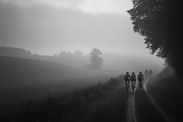 A group of athletes cycling through the countryside in the early morning, training for an upcoming race or event.