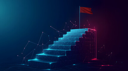 A low-poly wireframe design of stairs leading to a flag on a dark blue background, symbolizing progress, goals, and achievement
