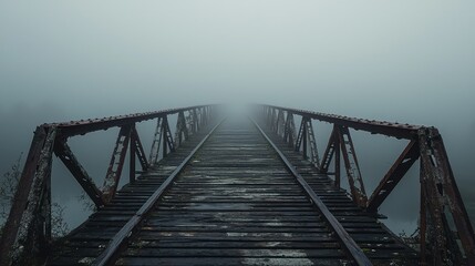 Fototapeta premium Mysterious Foggy Bridge Over Water with Rusty Rails and Quiet Atmosphere