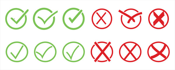 Isolated tick symbols, checklist signs, approval badge. Flat and modern checkmark design of your design. Green chech mark and red cross. Vector illustration. © AH Style