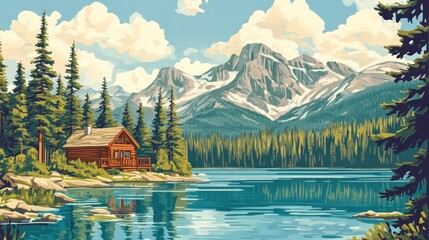 Fototapeta premium Mountain Lake Cabin Scenic Summer Landscape