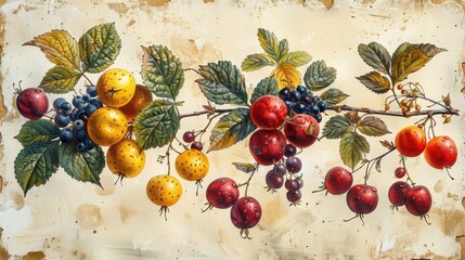Vintage Botanical Illustration of Berries and Fruit