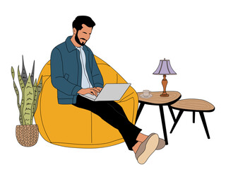 Man working on laptop, relaxing on cozy bean bag chair. Freelance guy work from home, sitting on beanbag sin comfortable interior. Flat vector illustration isolated on transparent background