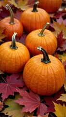 Several pumpkins surrounded by a pile of multicolored autumn leaves , arrangement, autumn