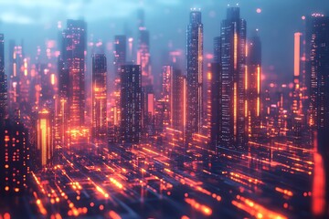 A futuristic cityscape with buildings made of data streams, glowing with vibrant lights representing financial growth and data flow