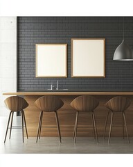 Modern Bar Interior Design With Wooden Chairs And Blank Frames