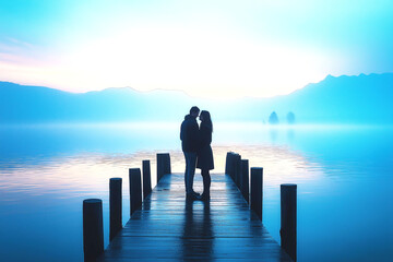 Fototapeta premium Romantic silhouette of a couple embracing on a pier at sunrise by the lake
