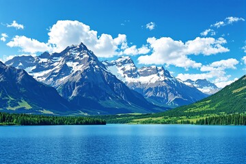 Naklejka premium Majestic snow-covered mountain peaks with lush greenery and a serene blue lake under a bright sky with fluffy white clouds.