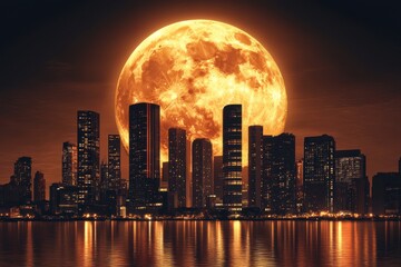 Fototapeta premium Majestic moonrise over a vibrant city skyline, luminous orb casting a soft glow on contemporary architecture, enchanting urban night scene