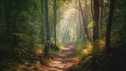 Obraz premium Sunlit forest path through dense trees