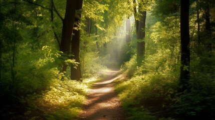 Sunlit Forest Path, Morning Hike, Lush Foliage, Peaceful Background, Nature Poster