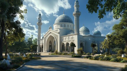 Obraz premium Majestic White Mosque Architectural Design Amidst Lush Greenery