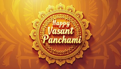 Mandala Design in Yellow, Gold, and Orange with Glowing 'Happy Vasant Panchami' in Bold Font