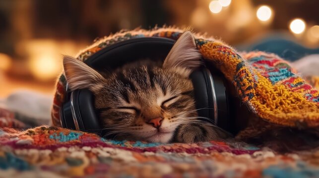 Cozy tabby kitten sleeping with headphones under colorful blanket