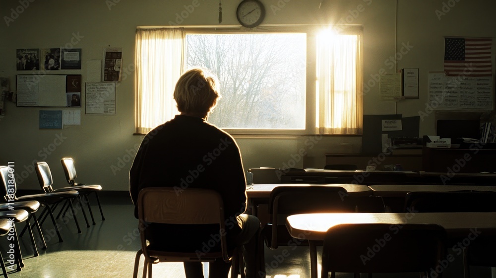Poster Person sits alone in a classroom facing a window