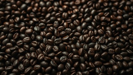 Fototapeta premium A close-up photograph of a dense, rich, and aromatic collection of roasted coffee beans, showcasing the intricate details and warm, inviting colors of this popular beverage ingredient.