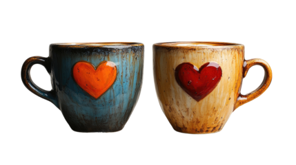 Two Coffee Cups with Hearts: A pair of rustic ceramic coffee mugs, each adorned with a unique heart design—one orange, one red—set against a clean backdrop. Perfect for Valentine's Day.