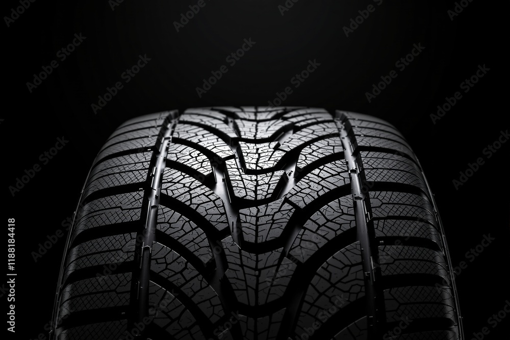 Aufkleber close-up of a car tire with intricate tread pattern illuminated on a dark background.