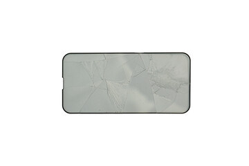 Broken glass shield or film screen cover of smartphone on white background. Safety and protection concept. Top view. Clipping Path.