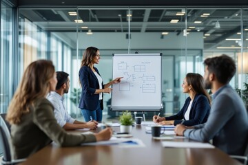 Business team meeting in a modern office with a woman presenting on a whiteboard.