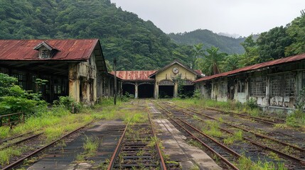 Abandoned Train Station Surrounded by Lush Green Mountainside