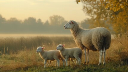 Fototapeta premium Serene Morning in the Countryside Featuring a Sheep and Two Lambs Standing on a Misty Meadow with Soft Green Grass and Autumn Colors in the Background