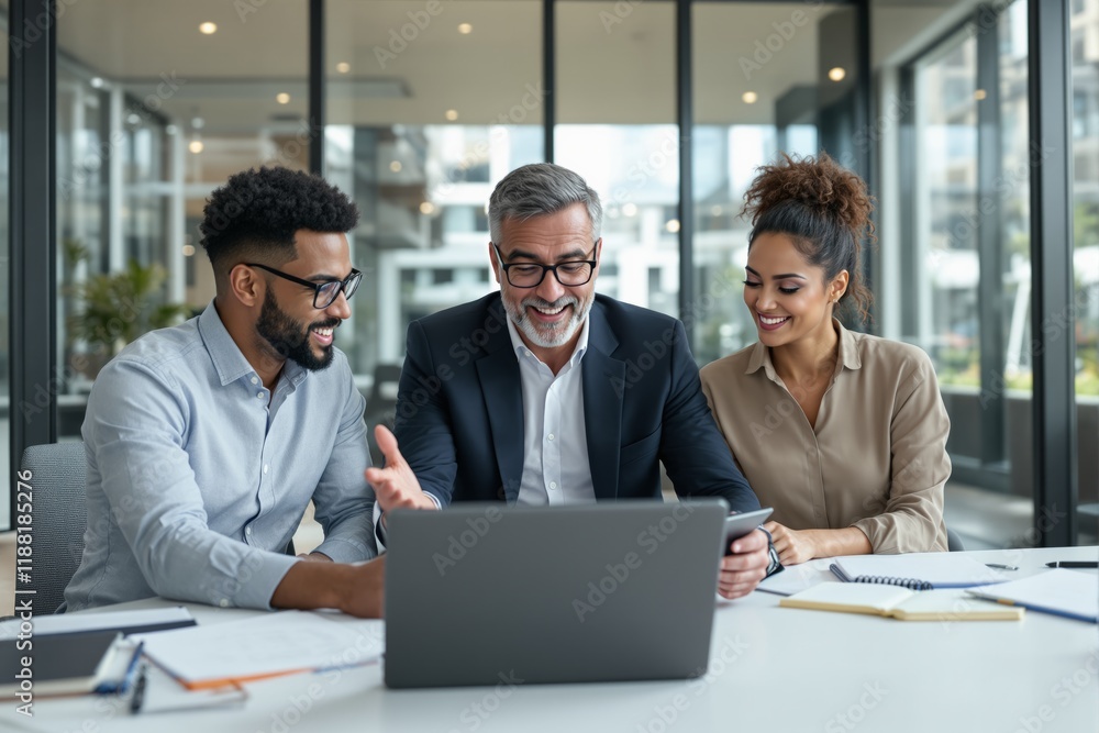 Poster group of professionals discussing work in a modern office setting.