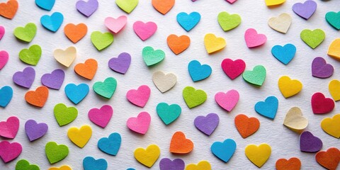 Colorful two heart stickers scattered on a plain white paper sheet with a subtle texture