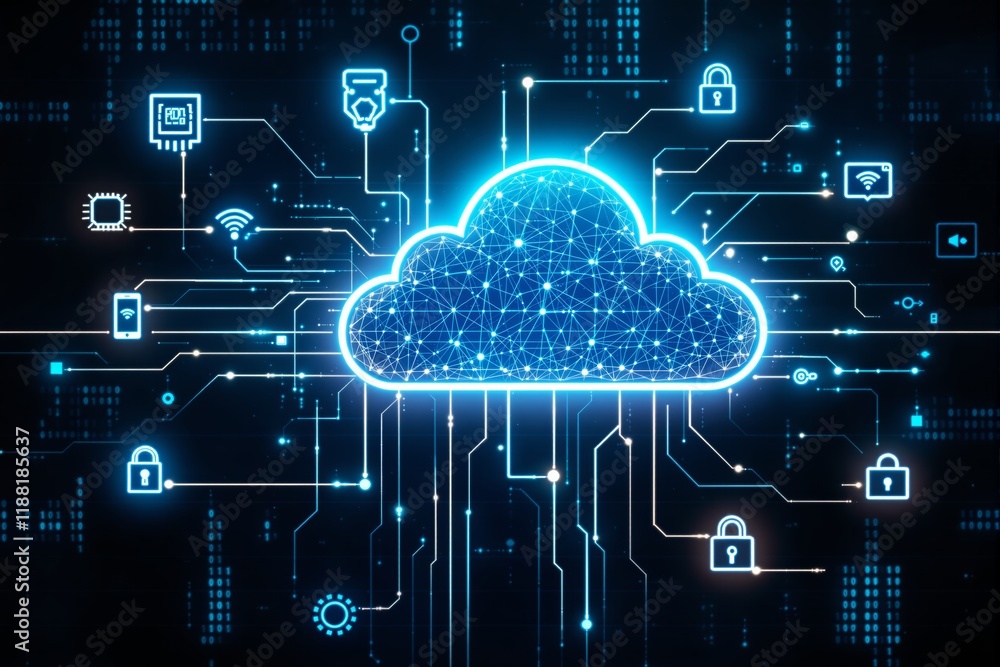 Aufkleber Cloud computing concept with glowing cloud icon and network connections on digital background.