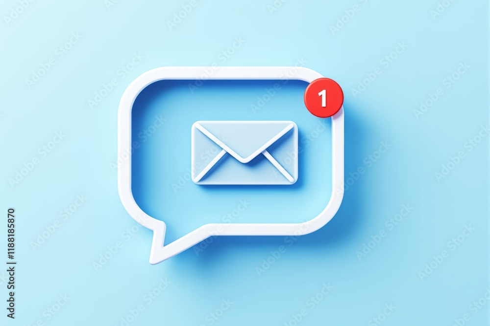 Poster Email notification icon with a red alert badge on a light blue background in minimal 3D style concept of communication and messages.
