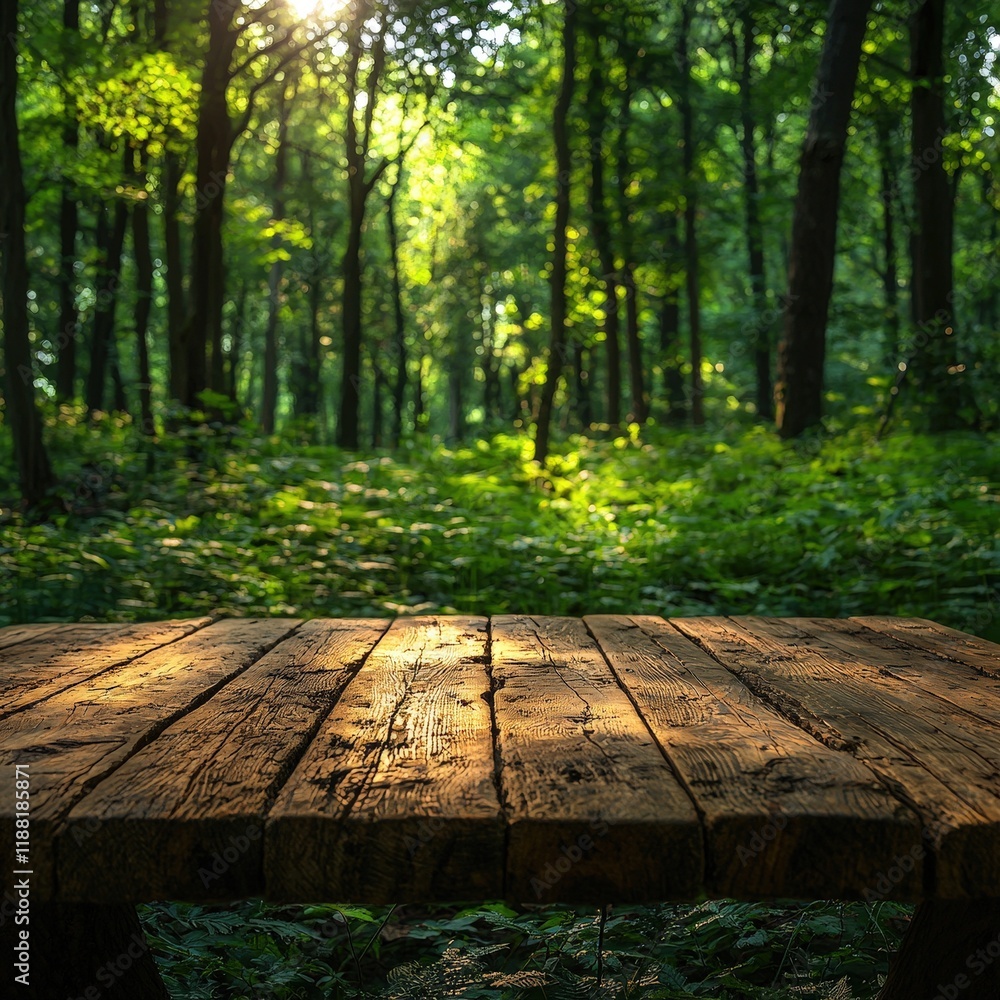 Poster a rustic wooden table overlooks a sunlit forest, creating a serene and natural scene with a warm and
