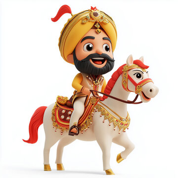 3D Punjabi groom emoji on a decorated horse, face covered with sehra, traditional wedding, transparent background.