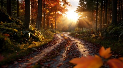 Fototapeta premium Autumnal Forest Path: Sunlit Trail Through Golden Leaves