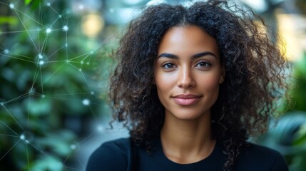 Confident african female adult with curly hair in a tech network environment